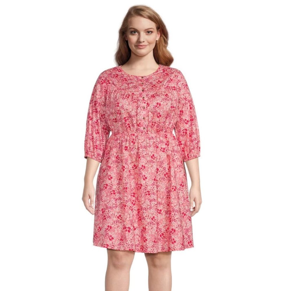 TERRA & SKY Fit & Flare Button Front Dress Womens Size 16W Pink Red Floral NWT